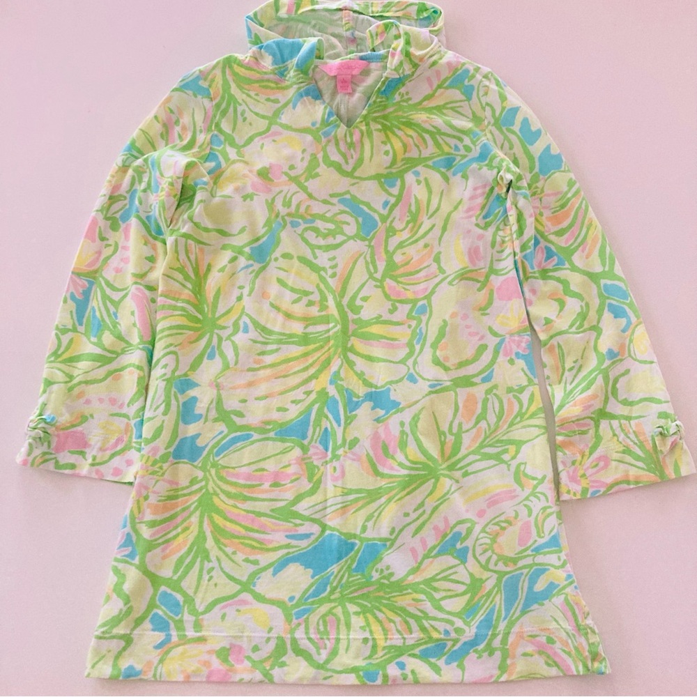 Lilly Pulitzer Girls 8-10 Tropical Hooded Tunic Top Green Pink Blue